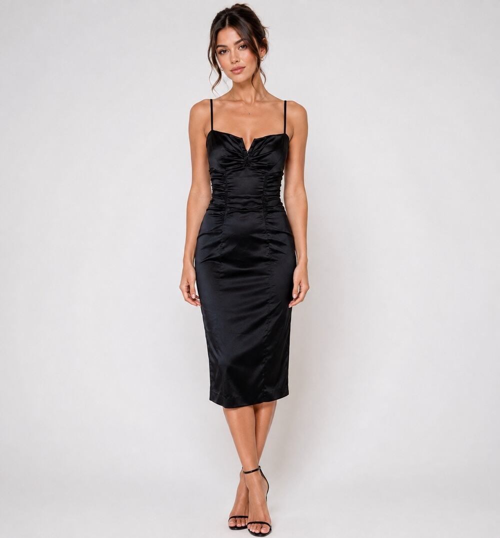 Vintage Cache Style 30022 Black Satin Ruched Bodycon Midi Dress Y2K Size 4